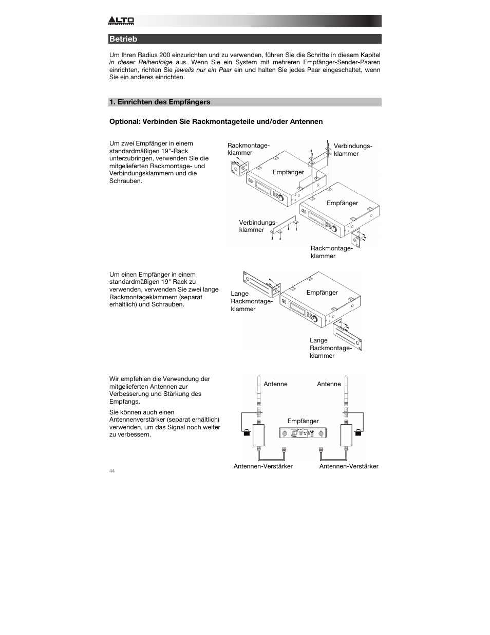 Betrieb, Einrichten des empfängers | Alto Professional Radius 200 User Manual | Page 44 / 60