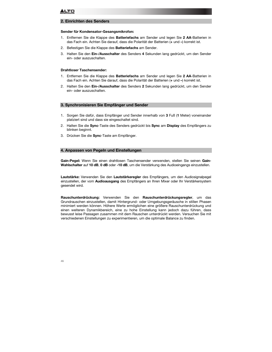 Einrichten des senders, Synchronisieren sie empfänger und sender, Anpassen von pegeln und einstellungen | Alto Professional Radius 200 User Manual | Page 46 / 60