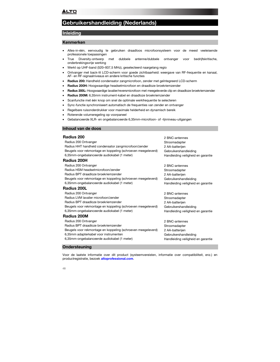 Gebruikershandleiding (nederlands), Inleiding, Kenmerken | Inhoud van de doos, Ondersteuning, Gebruikershandleiding, Nederlands ( 48 – 56 ) | Alto Professional Radius 200 User Manual | Page 48 / 60