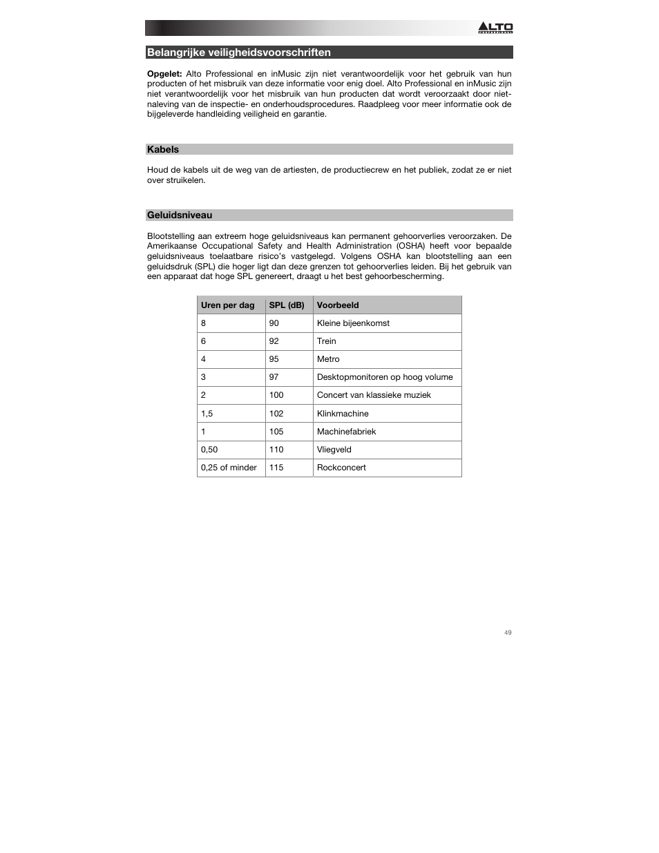 Belangrijke veiligheidsvoorschriften, Kabels, Geluidsniveau | Alto Professional Radius 200 User Manual | Page 49 / 60