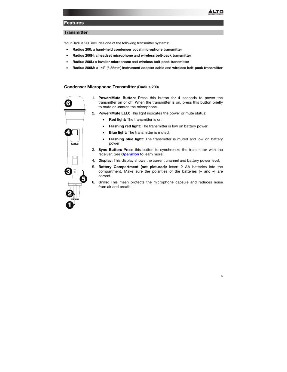 Features, Transmitter, Condenser microphone transmitter | Alto Professional Radius 200 User Manual | Page 5 / 60