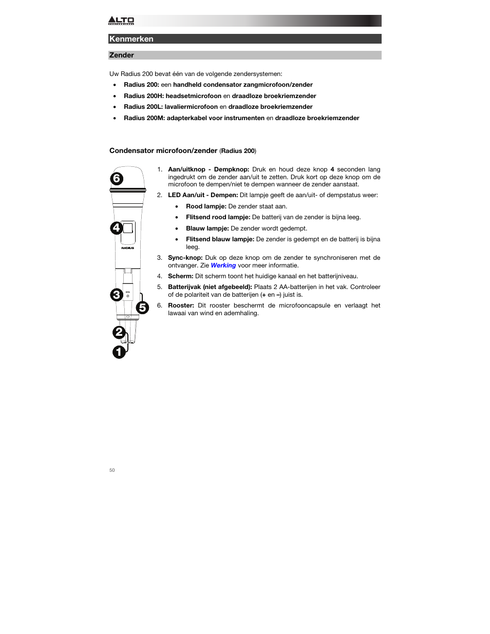 Kenmerken, Zender, Condensator microfoon/zender | Alto Professional Radius 200 User Manual | Page 50 / 60