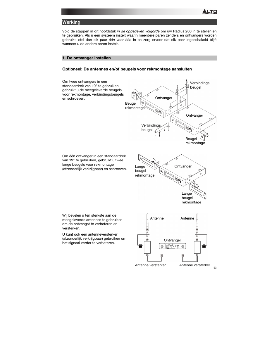 Werking, De ontvanger instellen, Voor | Alto Professional Radius 200 User Manual | Page 53 / 60