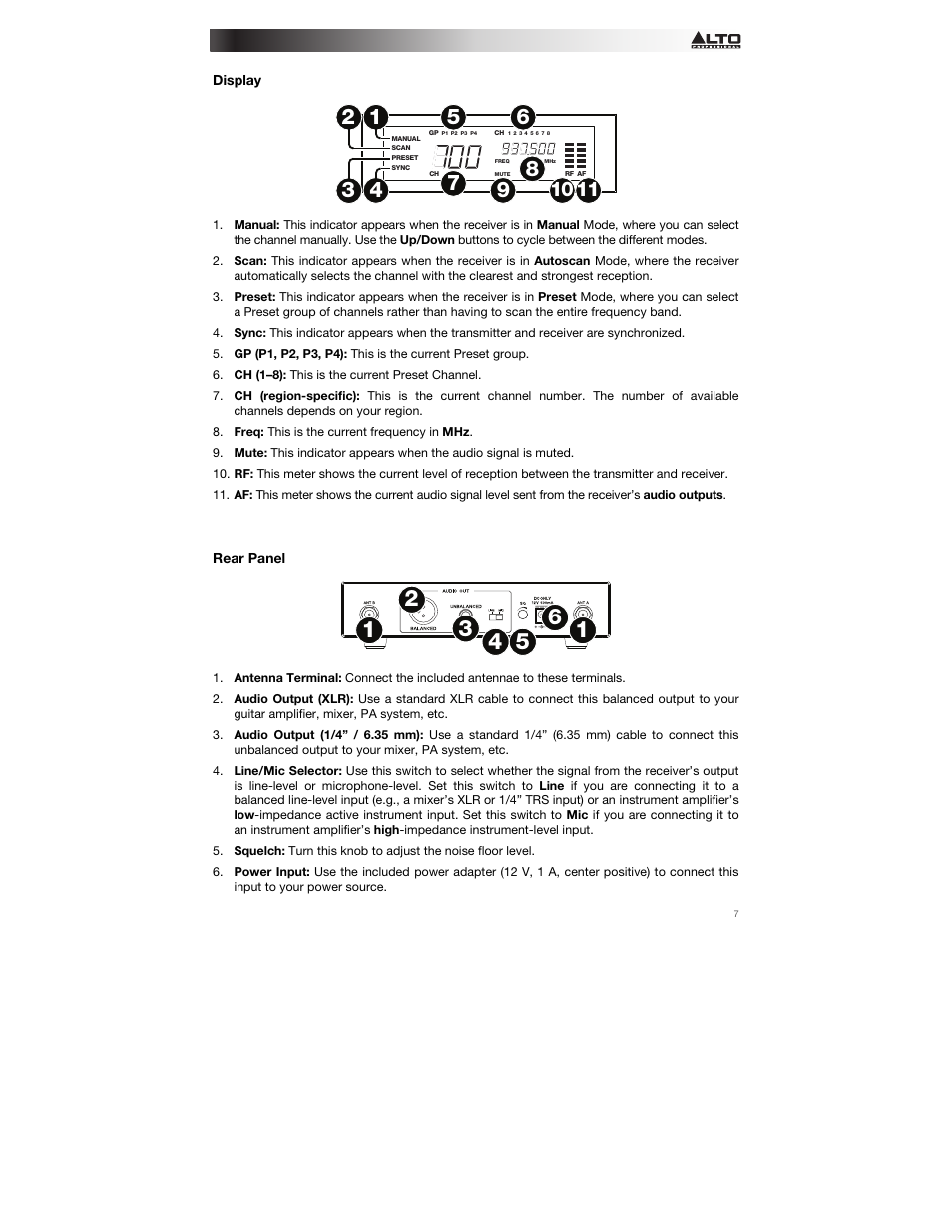 Display, Rear panel | Alto Professional Radius 200 User Manual | Page 7 / 60