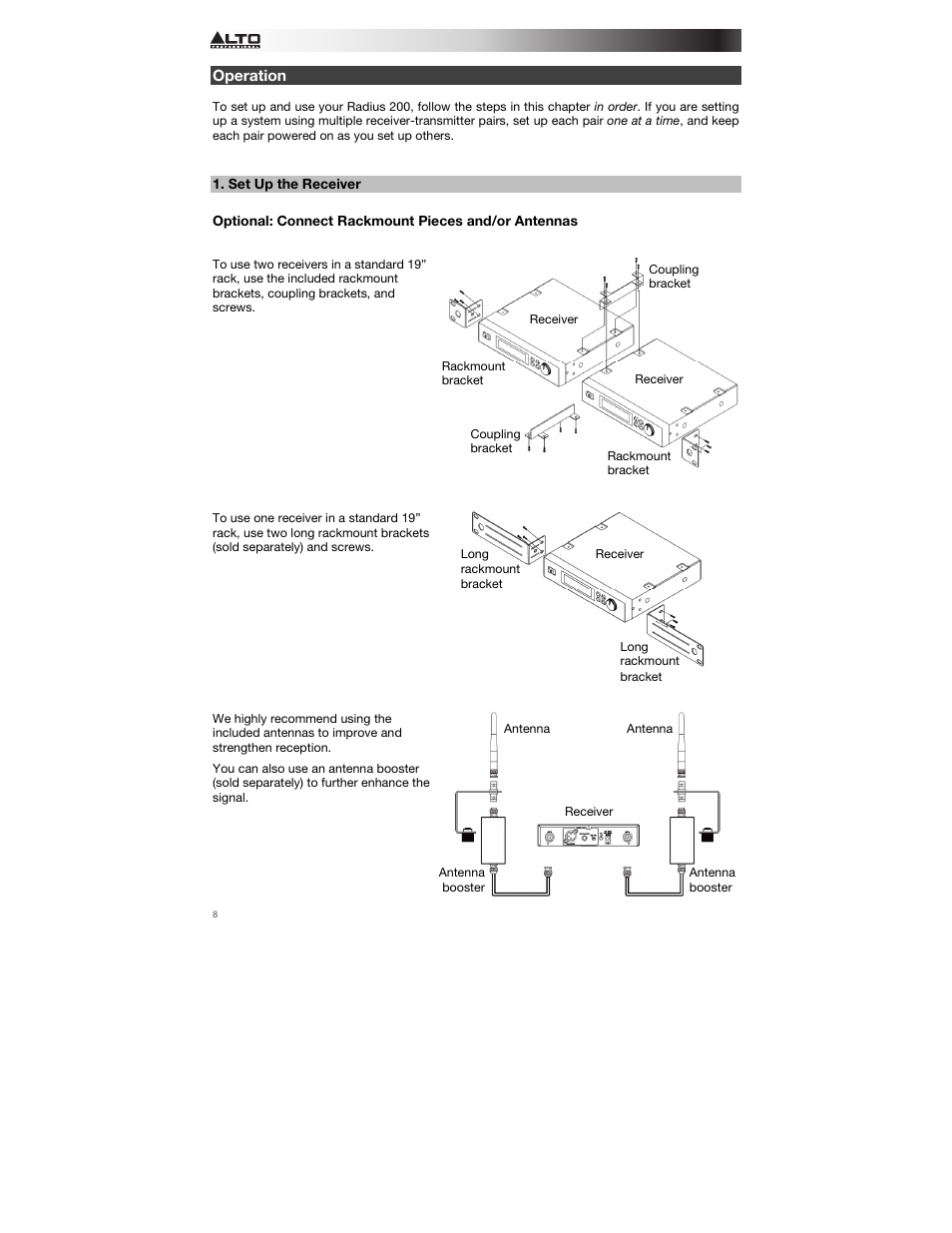 Operation, Set up the receiver, Optional: connect rackmount pieces and/or antennas | The receiver. see | Alto Professional Radius 200 User Manual | Page 8 / 60