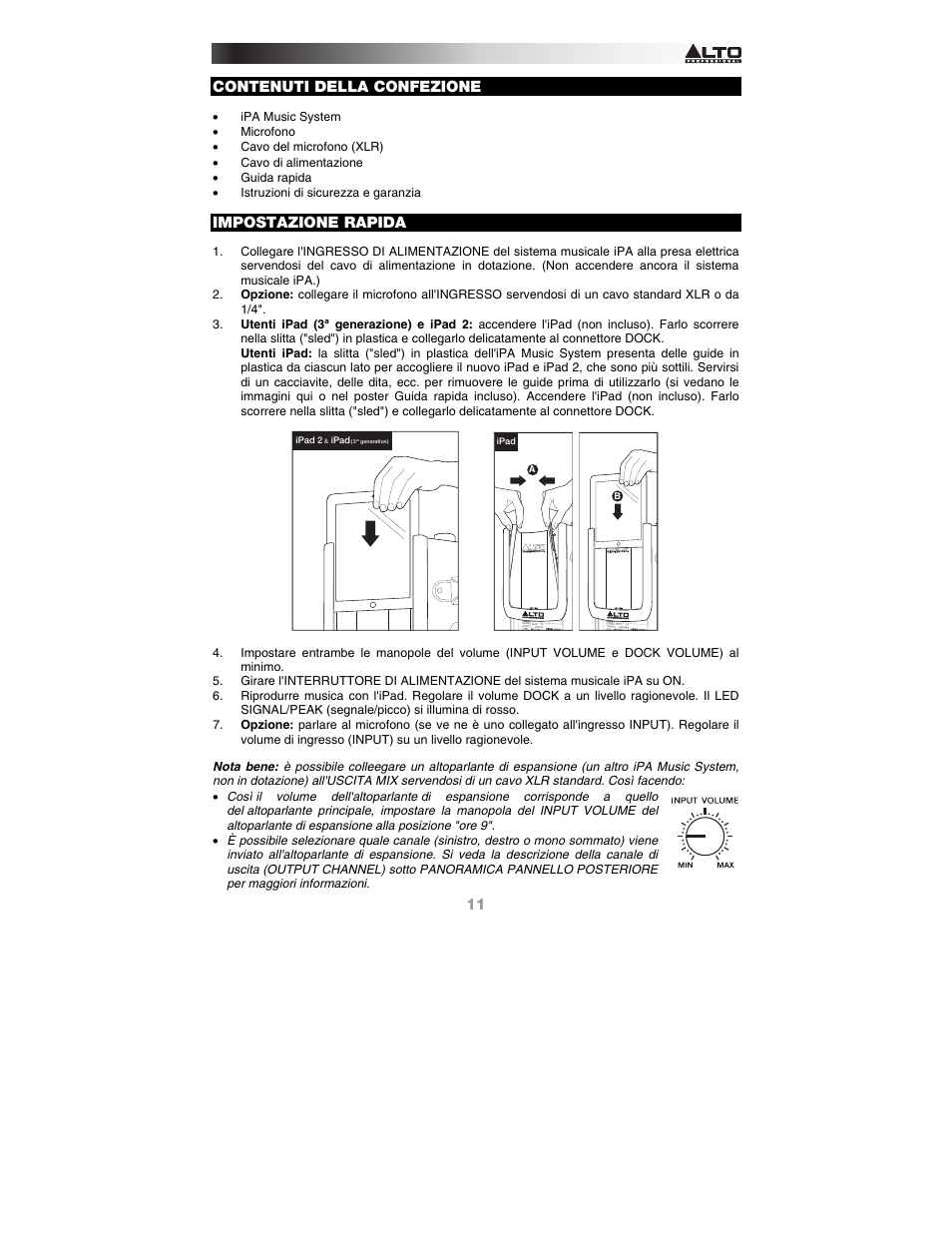 Italiano, Contenuti della confezione, Impostazione rapida | Manuale utente, Italiano ( 11 – 13 ) | Alto Professional iPA Music System User Manual | Page 11 / 20