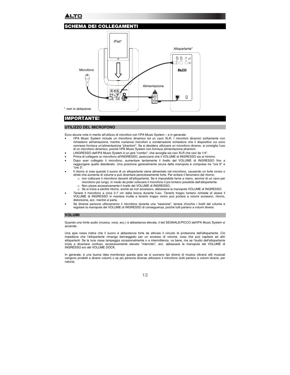 Schema dei collegamenti, Importante, Utilizzo del microfono | Volumi | Alto Professional iPA Music System User Manual | Page 12 / 20