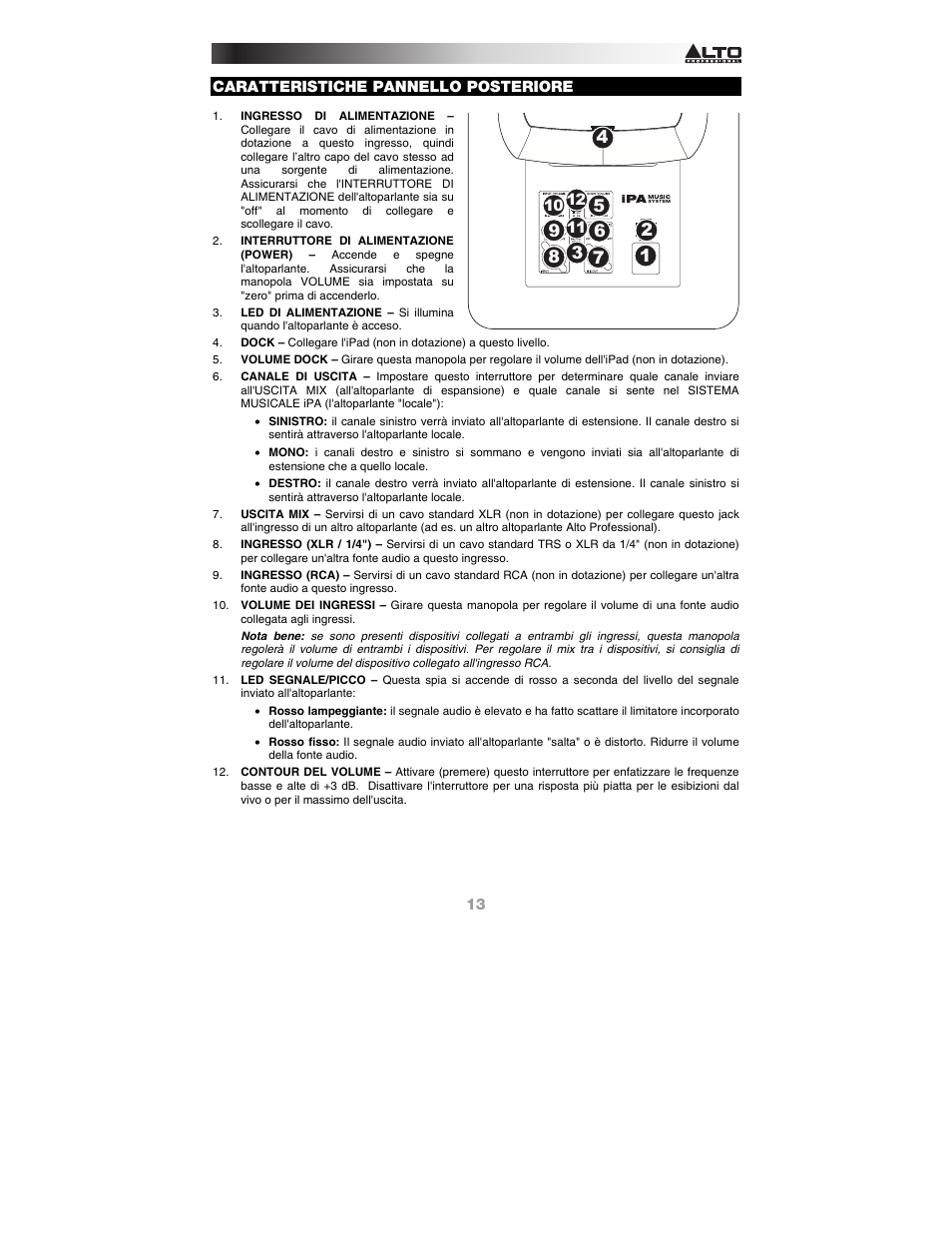 Caratteristiche pannello posteriore | Alto Professional iPA Music System User Manual | Page 13 / 20