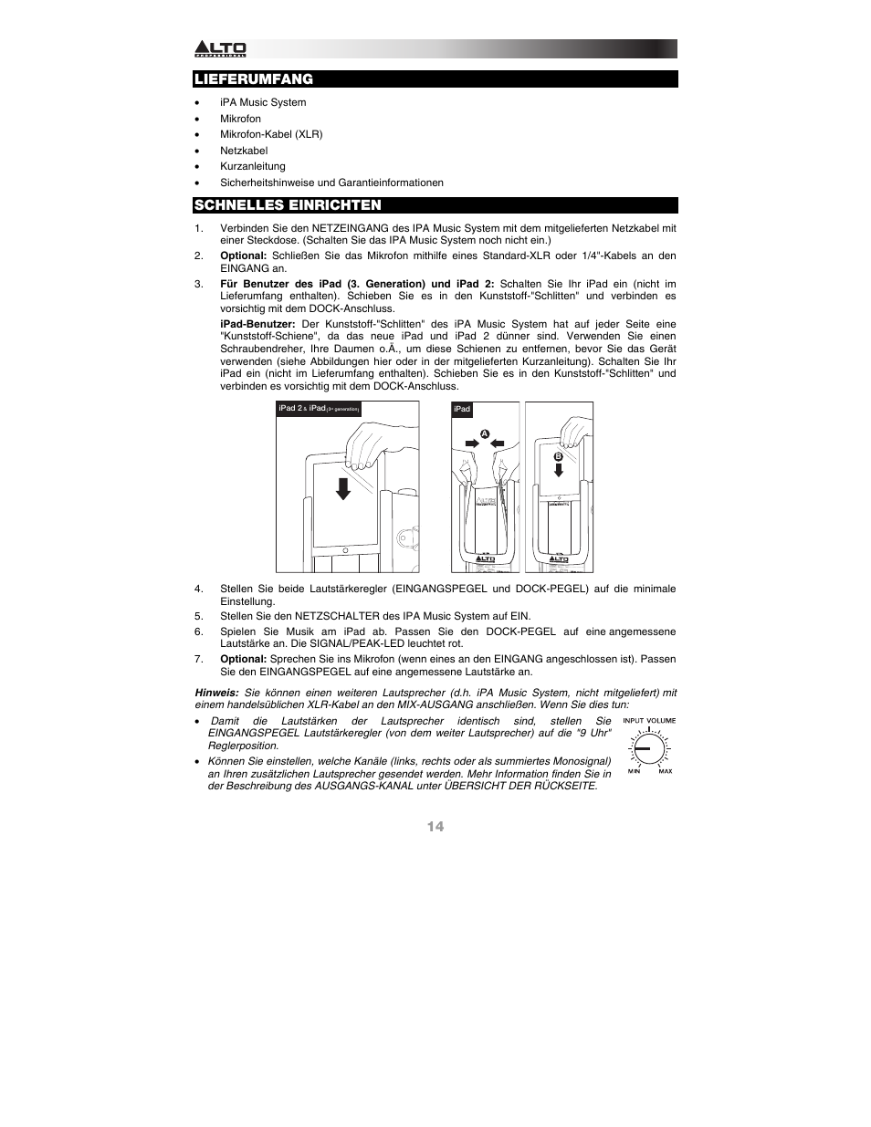 Deutsch, Lieferumfang, Schnelles einrichten | Bedienungsanleitung, Deutsch ( 14 – 16 ) | Alto Professional iPA Music System User Manual | Page 14 / 20