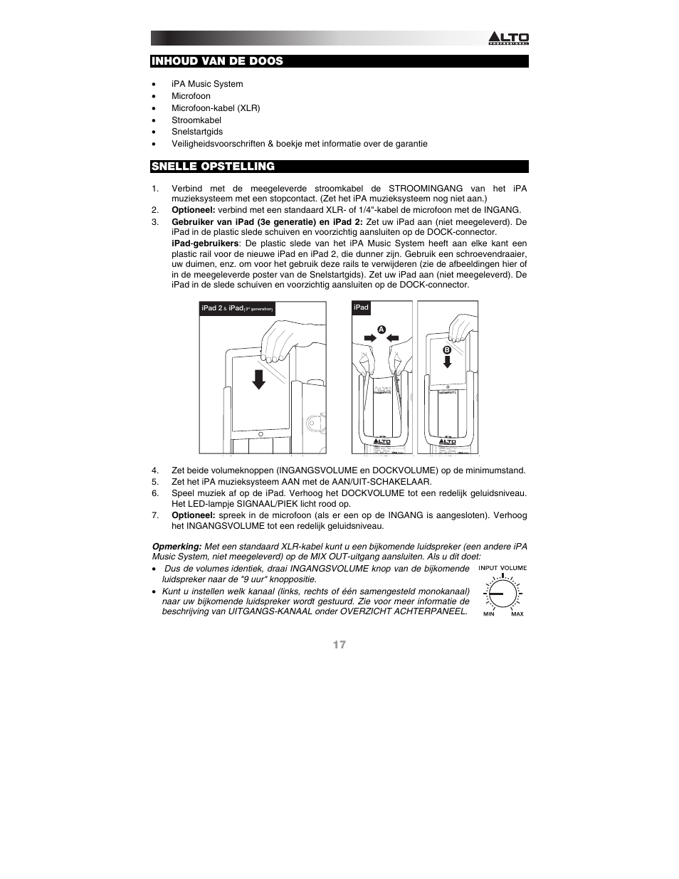 Nederlands, Inhoud van de doos, Snelle opstelling | Gebruikershandleiding, Nederlands ( 17 – 19 ) | Alto Professional iPA Music System User Manual | Page 17 / 20