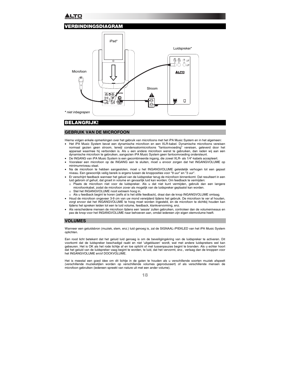 Verbindingsdiagram, Belangrijk, Gebruik van de microfoon | Volumes | Alto Professional iPA Music System User Manual | Page 18 / 20