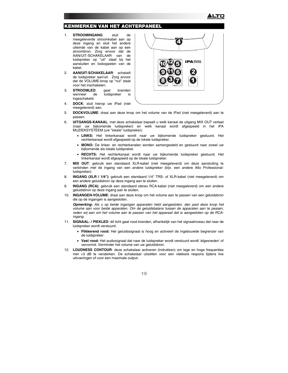 Kenmerken van het achterpaneel | Alto Professional iPA Music System User Manual | Page 19 / 20