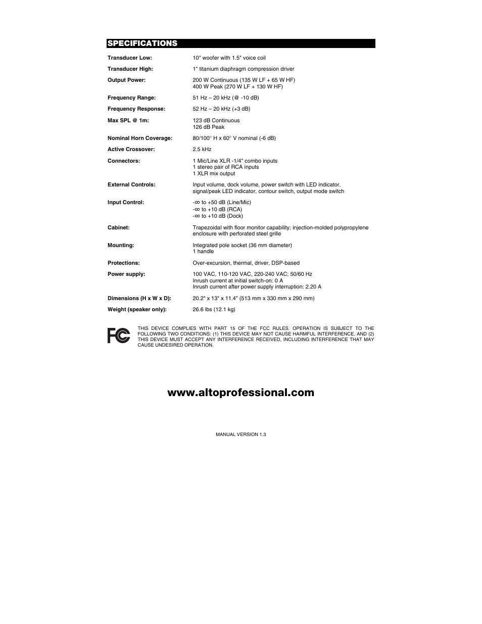 Specifications | Alto Professional iPA Music System User Manual | Page 20 / 20