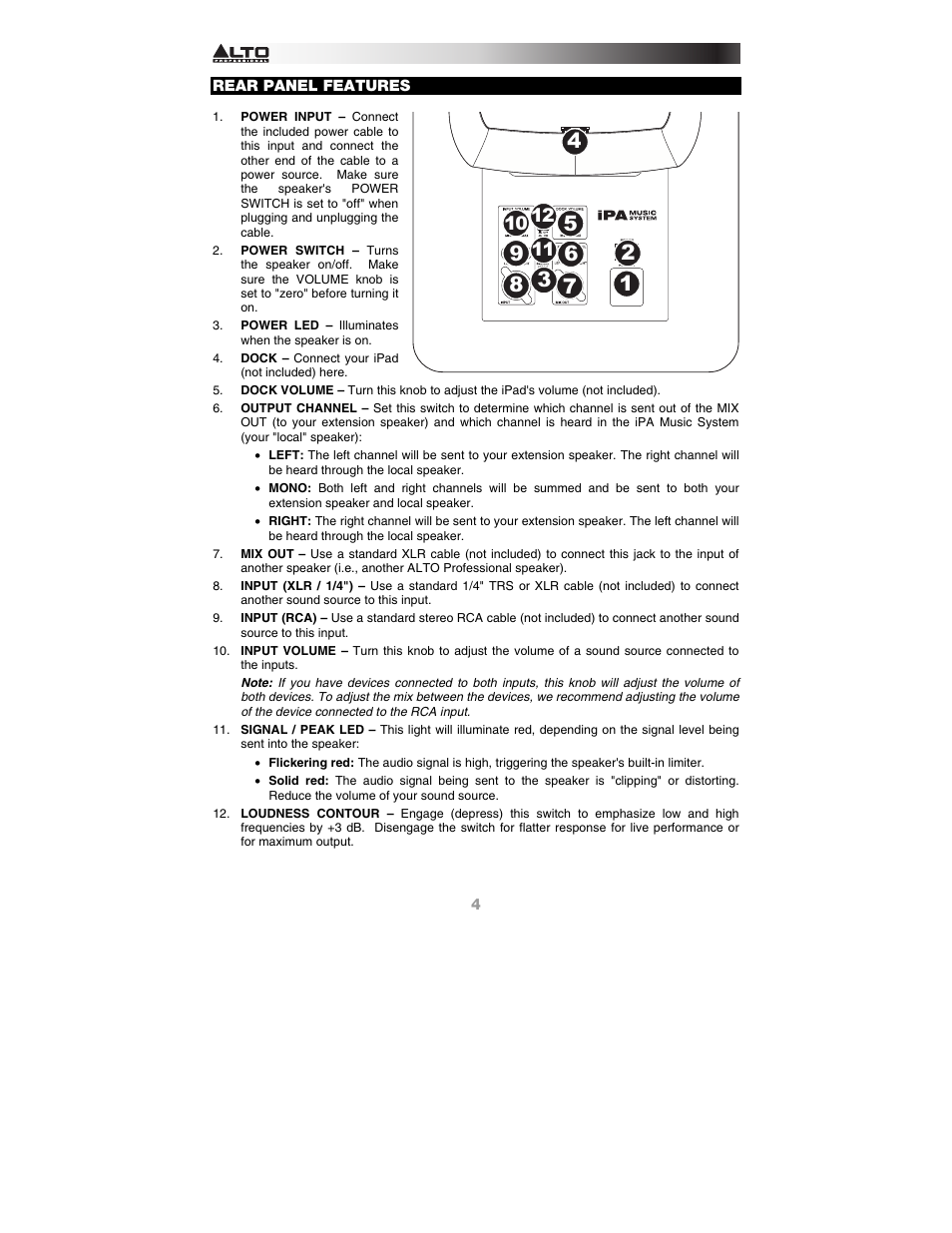 Rear panel features | Alto Professional iPA Music System User Manual | Page 4 / 20