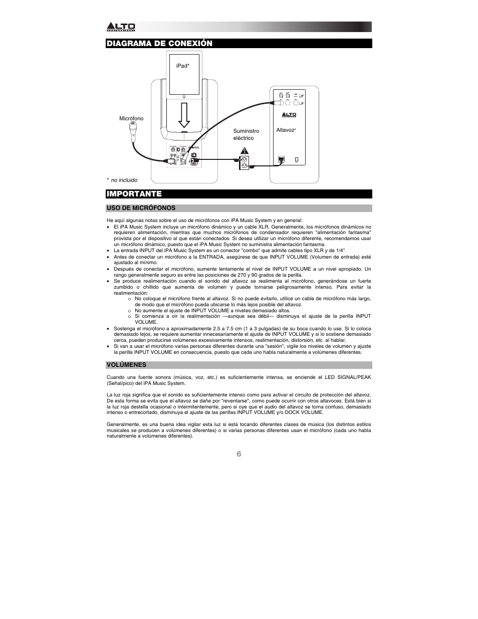 Diagrama de conexión, Importante, Uso de micrófonos | Volúmenes | Alto Professional iPA Music System User Manual | Page 6 / 20