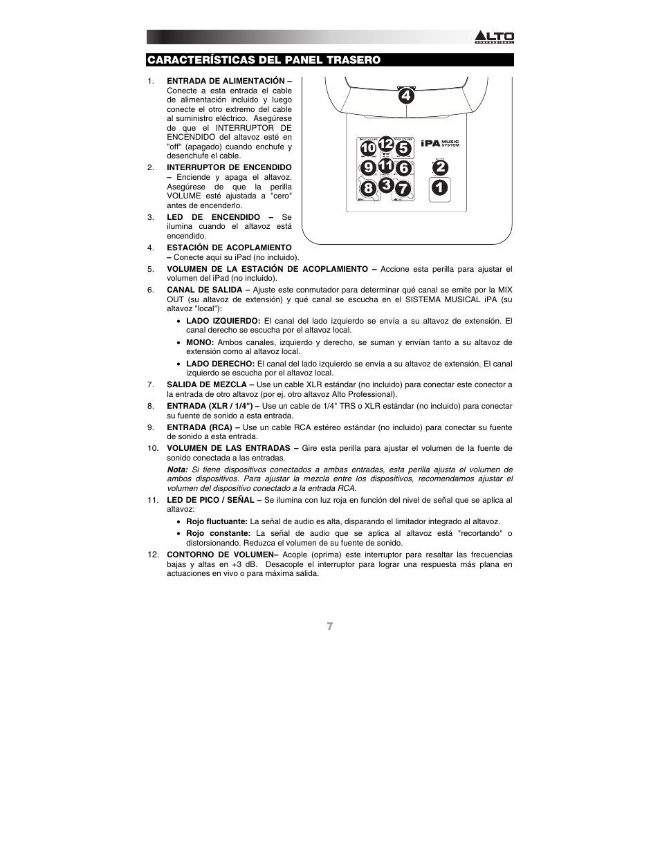 Características del panel trasero | Alto Professional iPA Music System User Manual | Page 7 / 20