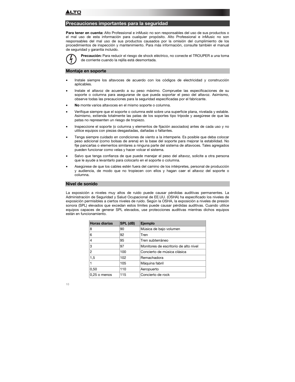 Precauciones importantes para la seguridad, Montaje en soporte, Nivel de sonido | Alto Professional Trouper User Manual | Page 10 / 40