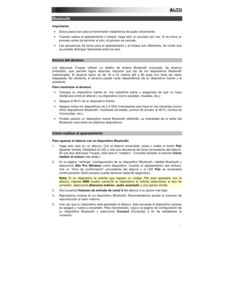 Bluetooth, Acerca del alcance, Cómo realizar el apareamiento | Alto Professional Trouper User Manual | Page 11 / 40