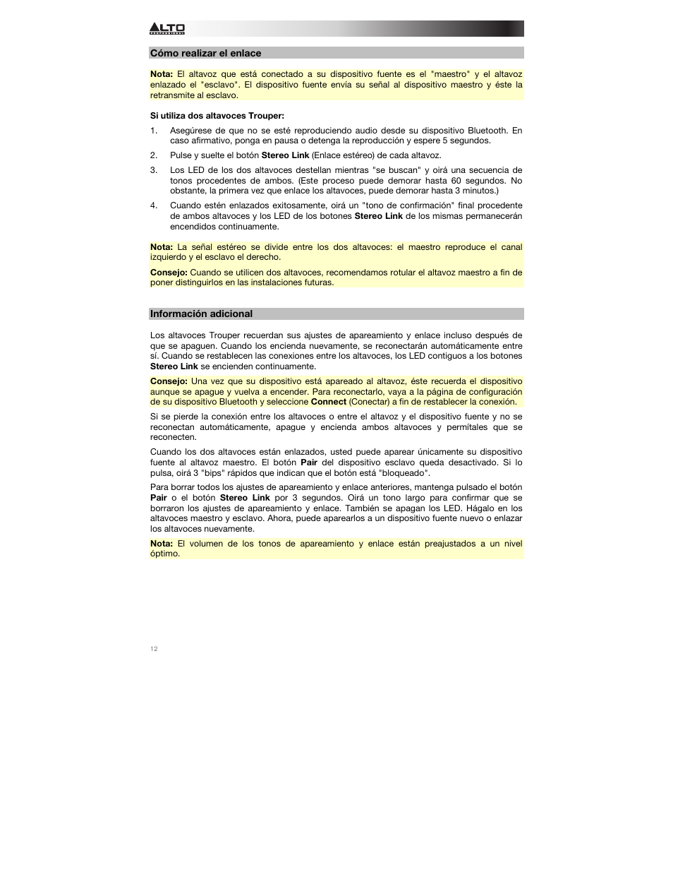 Cómo realizar el enlace, Información adicional | Alto Professional Trouper User Manual | Page 12 / 40