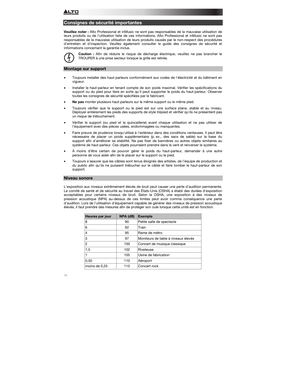 Consignes de sécurité importantes, Montage sur support, Niveau sonore | Alto Professional Trouper User Manual | Page 16 / 40