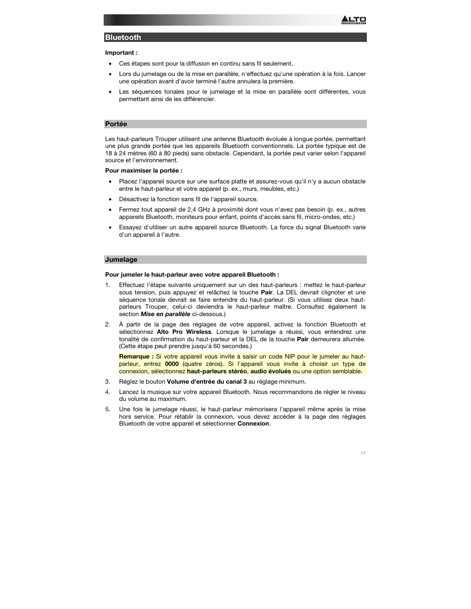 Bluetooth, Portée, Jumelage | Alto Professional Trouper User Manual | Page 17 / 40