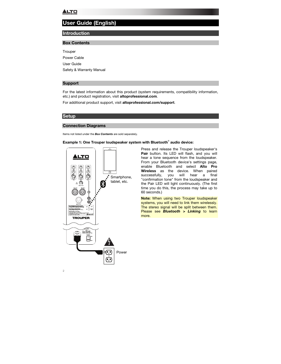 User guide (english), Introduction, Box contents | Support, Setup, Connection diagrams, User guide, English ( 2 – 7 ) | Alto Professional Trouper User Manual | Page 2 / 40