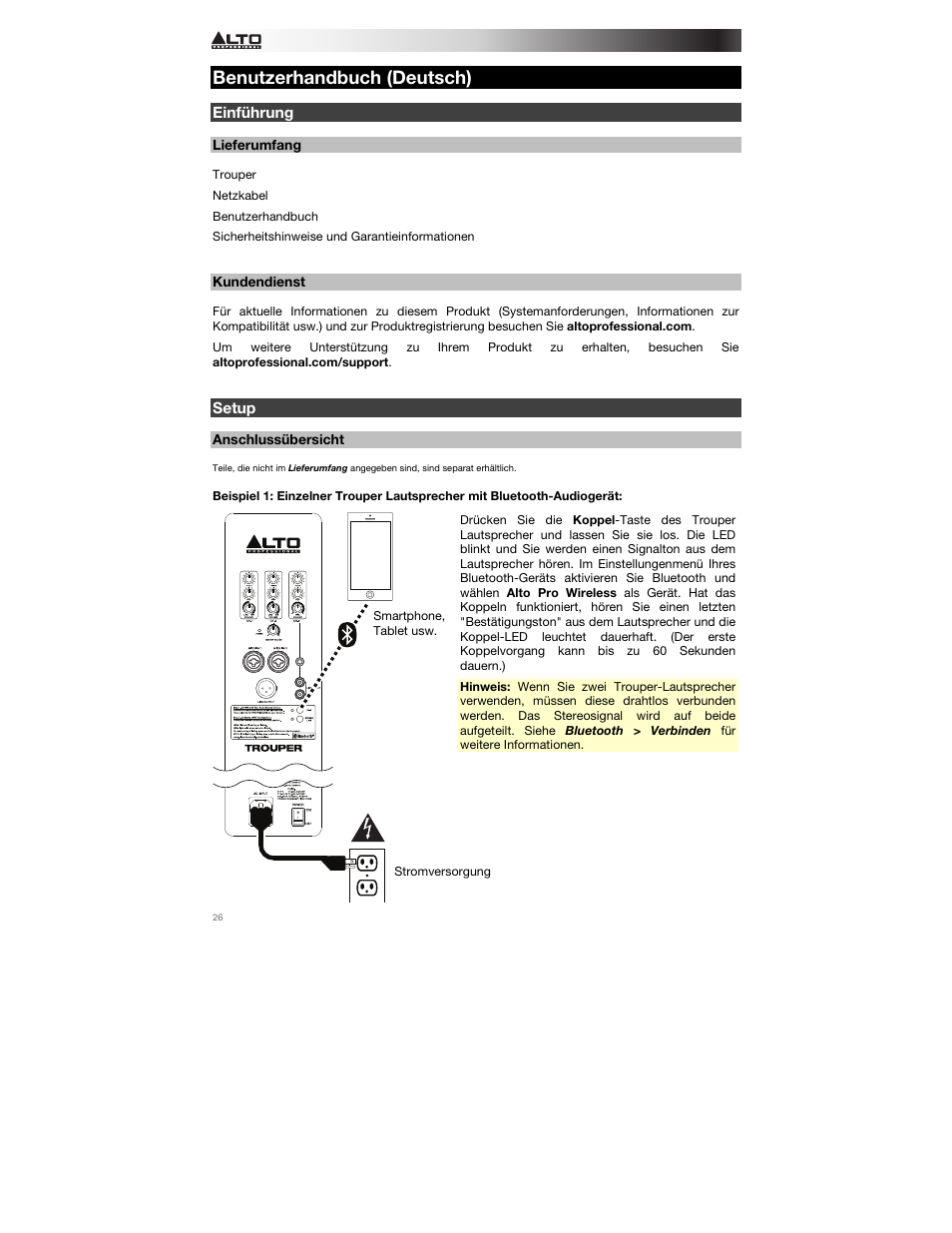 Benutzerhandbuch (deutsch), Einführung, Lieferumfang | Kundendienst, Setup, Anschlussübersicht, Benutzerhandbuch, Deutsch ( 26 – 31 ) | Alto Professional Trouper User Manual | Page 26 / 40