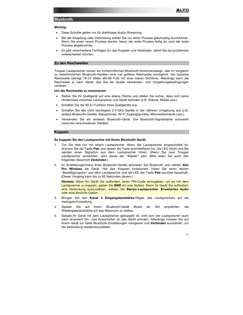 Bluetooth, Zu den reichweiten, Koppeln | Alto Professional Trouper User Manual | Page 29 / 40