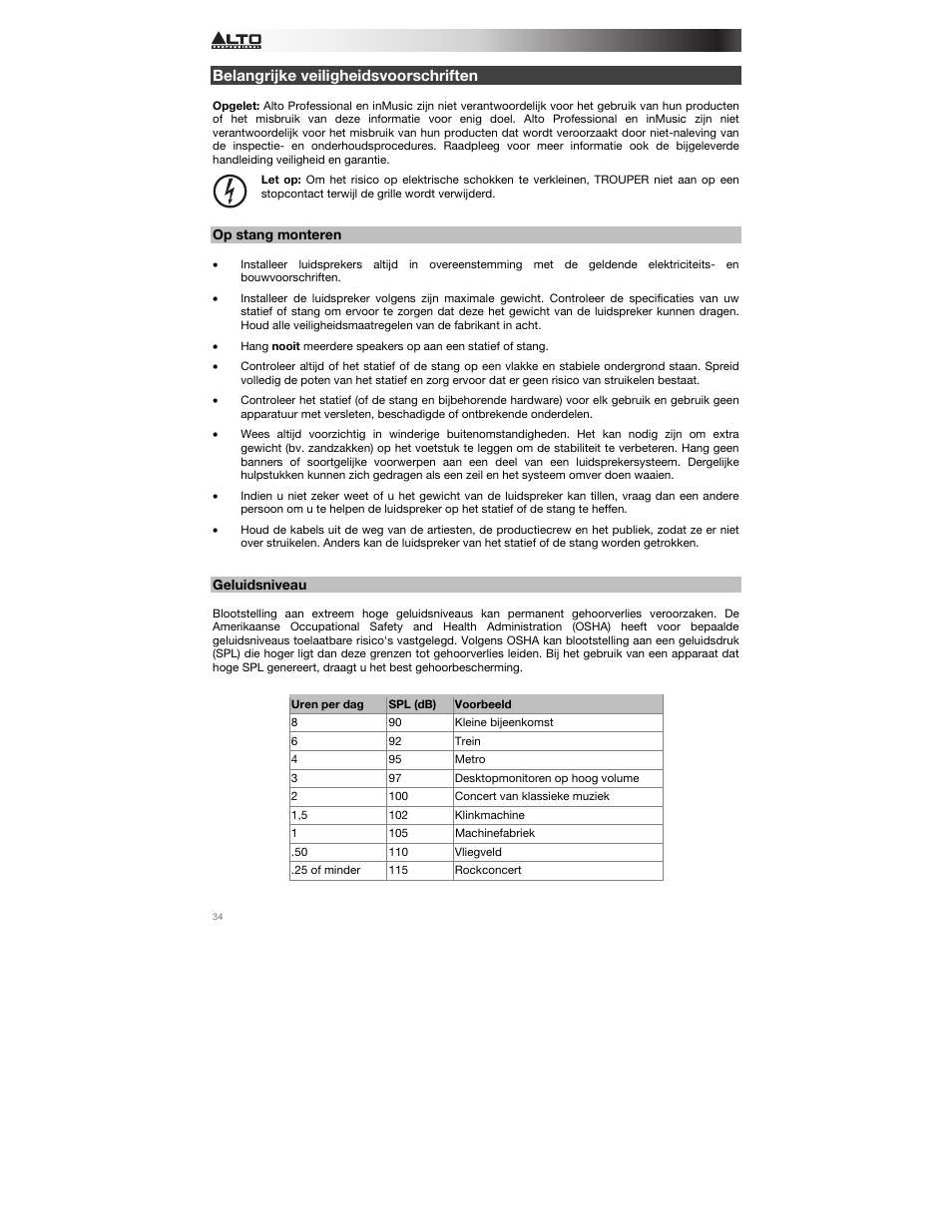 Belangrijke veiligheidsvoorschriften, Op stang monteren, Geluidsniveau | Alto Professional Trouper User Manual | Page 34 / 40