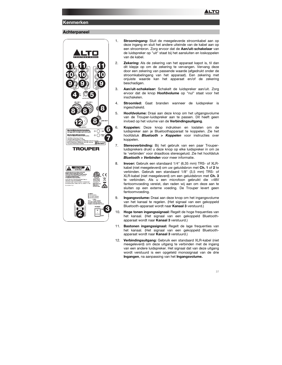 Kenmerken, Achterpaneel | Alto Professional Trouper User Manual | Page 37 / 40