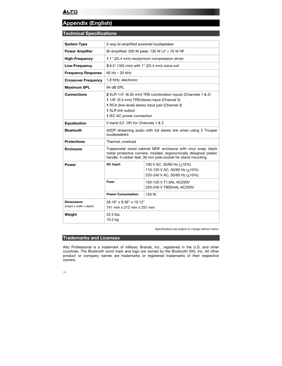 Appendix (english), Technical specifications, Trademarks and licenses | Appendix, English ( 38 ) | Alto Professional Trouper User Manual | Page 38 / 40