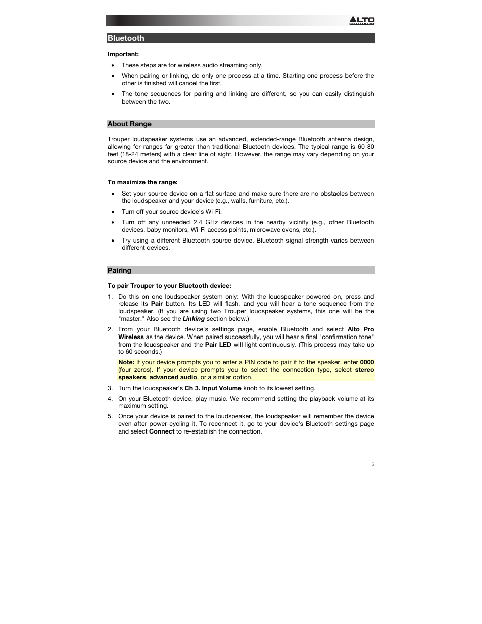 Bluetooth, About range, Pairing | Alto Professional Trouper User Manual | Page 5 / 40