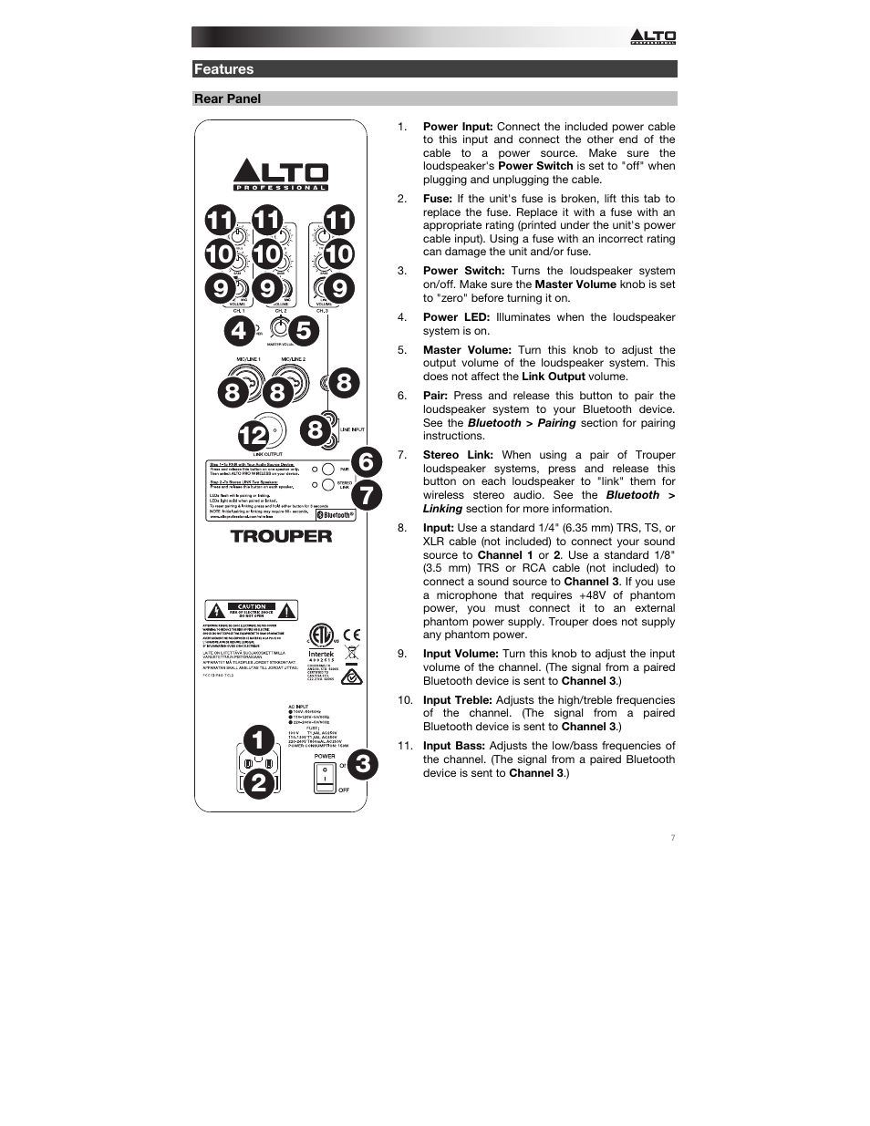 Features, Rear panel | Alto Professional Trouper User Manual | Page 7 / 40