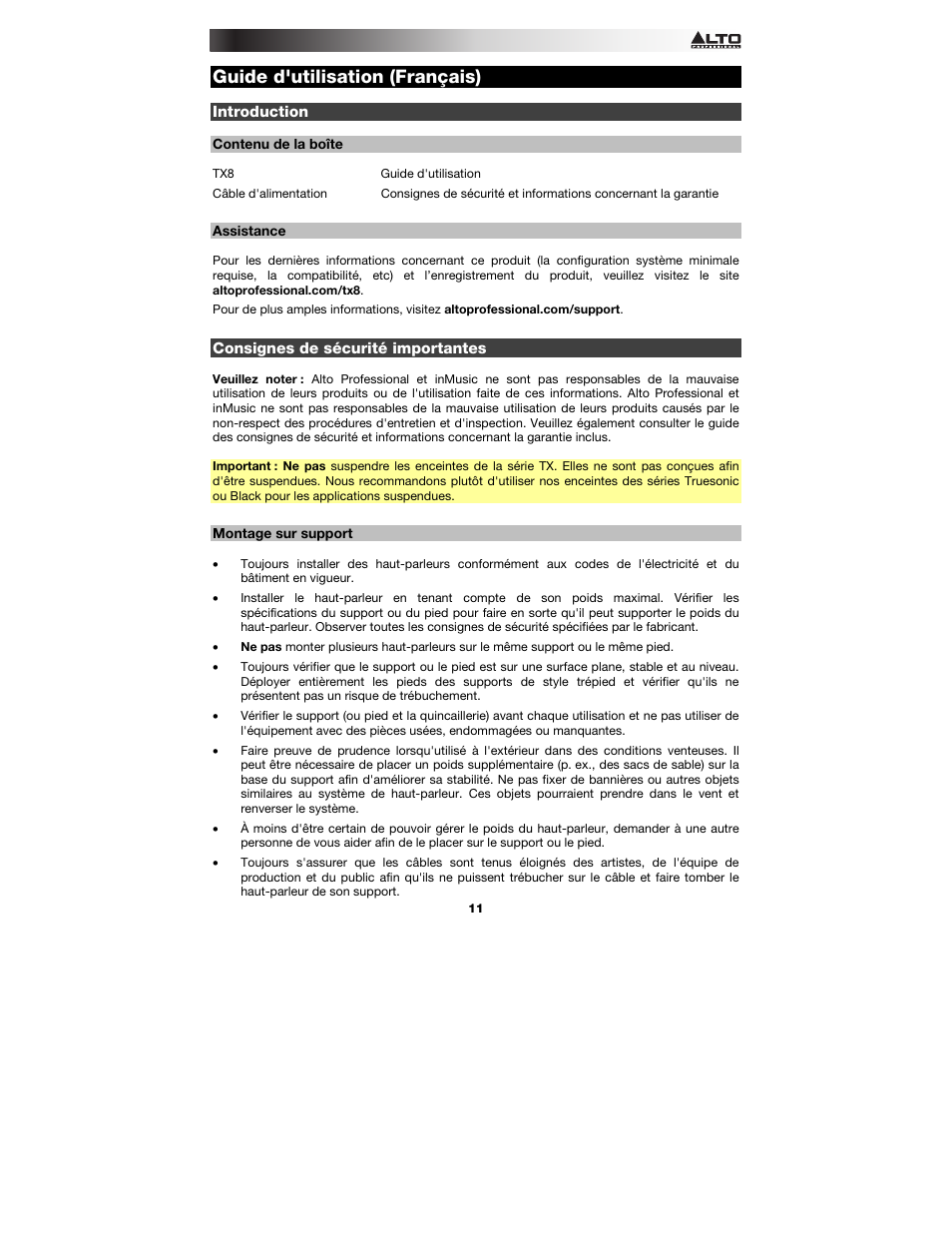 Guide d'utilisation (français), Introduction, Contenu de la boîte | Assistance, Consignes de sécurité importantes, Montage sur support, Guide d'utilisation, Français ( 11 – 14 ) | Alto Professional TX8 User Manual | Page 11 / 28