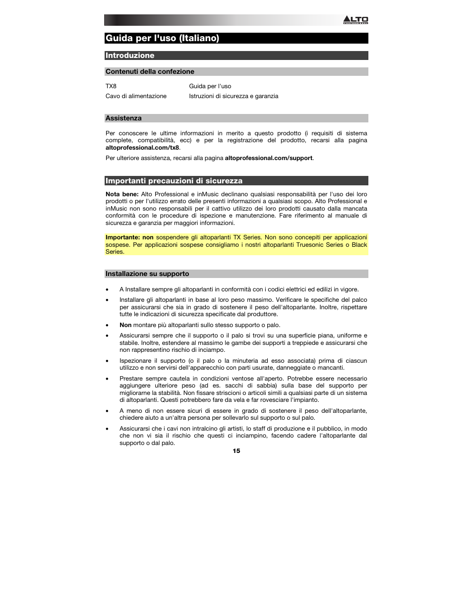 Guida per l'uso (italiano), Introduzione, Contenuti della confezione | Assistenza, Importanti precauzioni di sicurezza, Installazione su supporto, Guida per l'uso, Italiano ( 15 – 18 ) | Alto Professional TX8 User Manual | Page 15 / 28