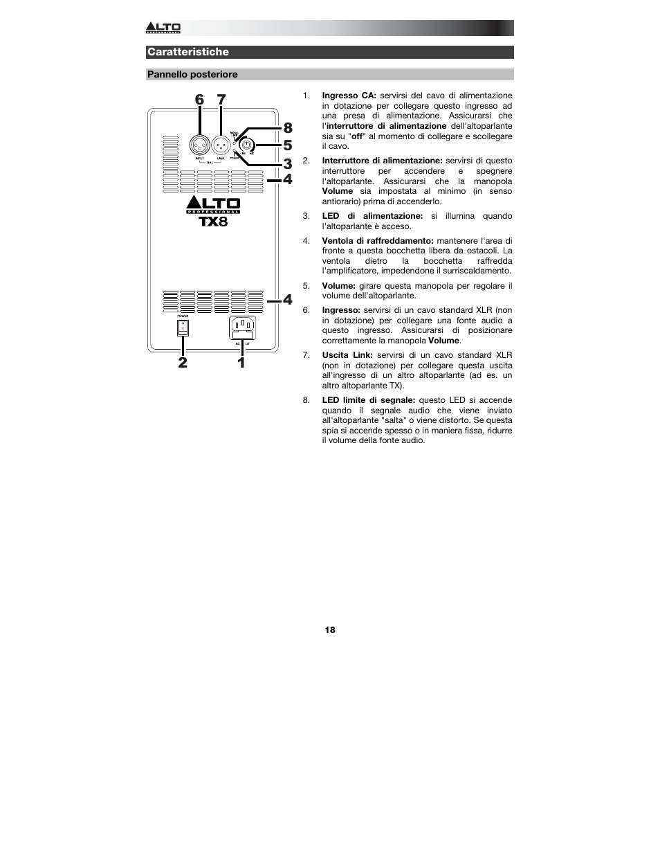 Caratteristiche, Pannello posteriore | Alto Professional TX8 User Manual | Page 18 / 28