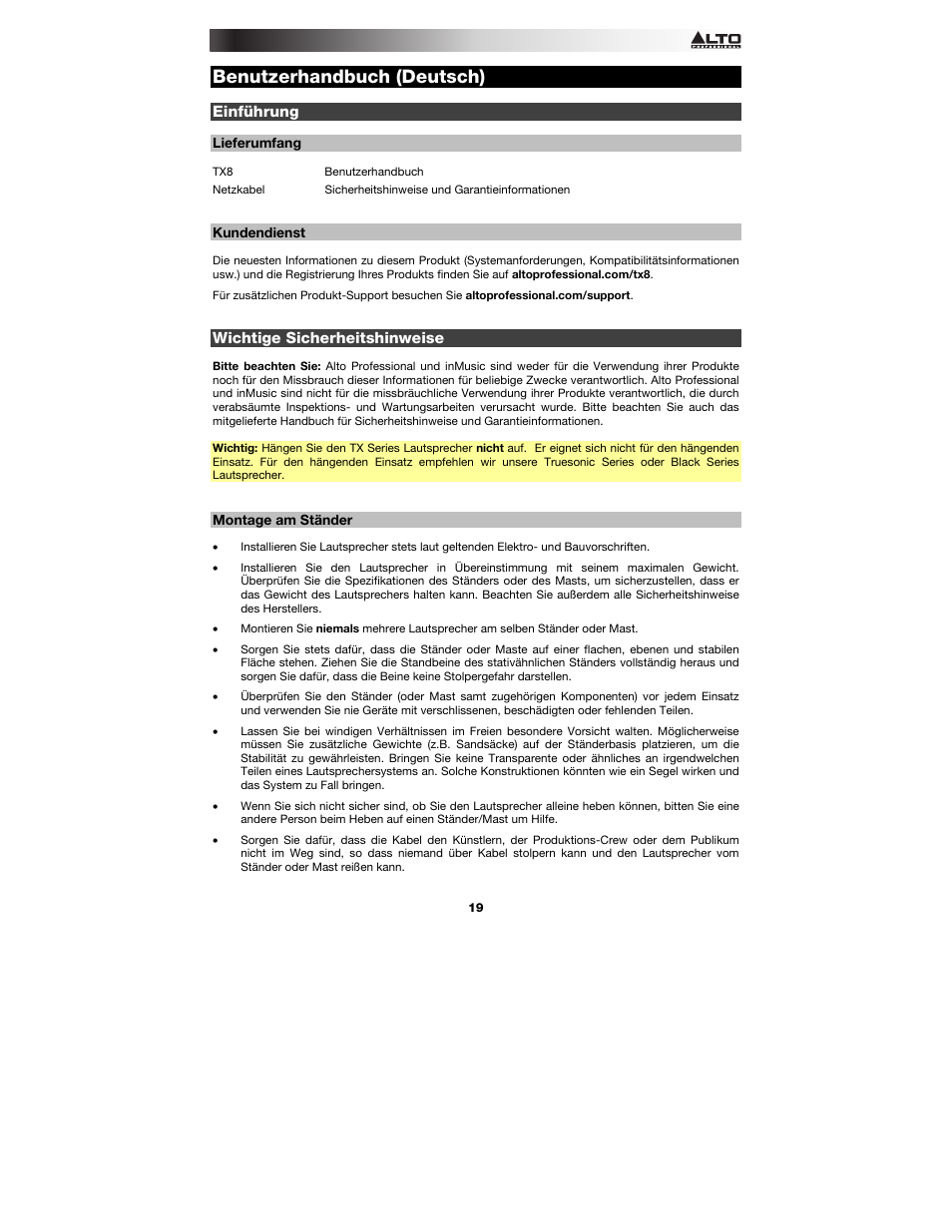 Benutzerhandbuch (deutsch), Einführung, Lieferumfang | Kundendienst, Wichtige sicherheitshinweise, Montage am ständer, Benutzerhandbuch, Deutsch ( 19 – 22 ) | Alto Professional TX8 User Manual | Page 19 / 28