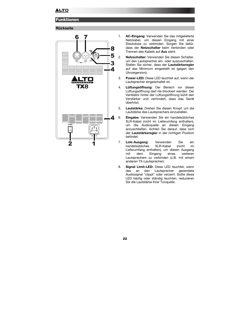 Funktionen, Rückseite | Alto Professional TX8 User Manual | Page 22 / 28