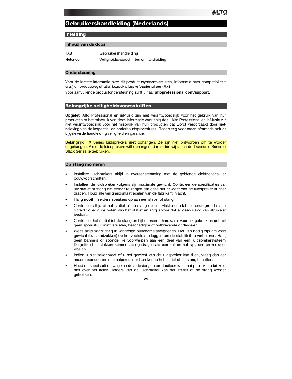 Gebruikershandleiding (nederlands), Inleiding, Inhoud van de doos | Ondersteuning, Belangrijke veiligheidsvoorschriften, Op stang monteren, Gebruikershandleiding, Nederlands ( 23 – 26 ) | Alto Professional TX8 User Manual | Page 23 / 28