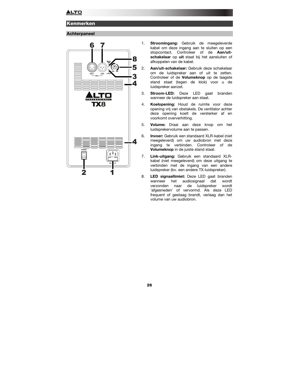 Kenmerken, Achterpaneel | Alto Professional TX8 User Manual | Page 26 / 28