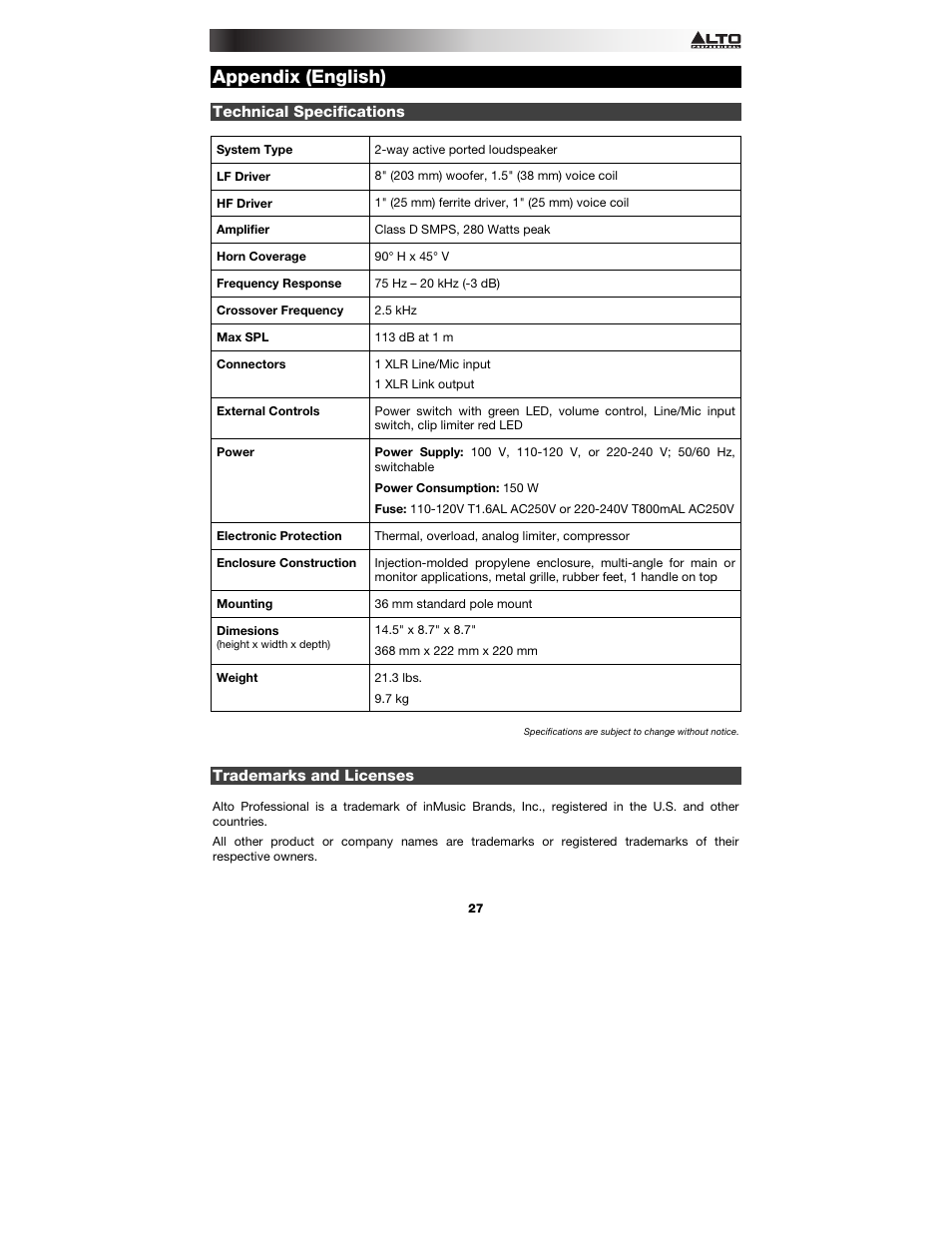 Appendix (english), Technical specifications, Trademarks and licenses | Appendix, English ( 27 ) | Alto Professional TX8 User Manual | Page 27 / 28