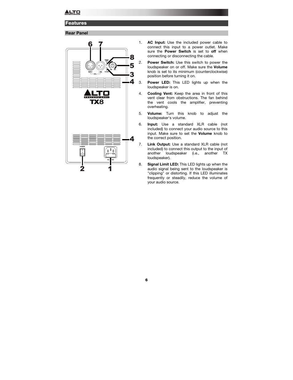 Features, Rear panel | Alto Professional TX8 User Manual | Page 6 / 28