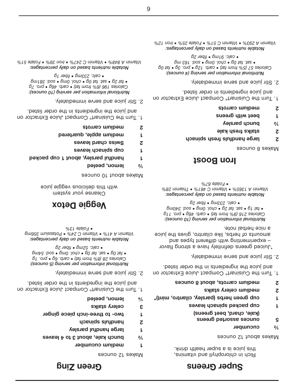 Super greens, Iron boost, Green zing | Veggie detox | Cuisinart Compact Juice Extractor CJE-500 User Manual | Page 19 / 25