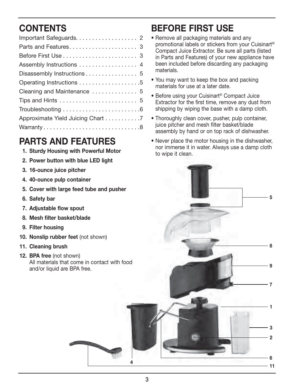 Cuisinart Compact Juice Extractor CJE-500 User Manual | Page 3 / 25