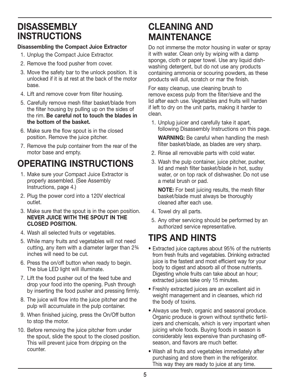 Disassembly instructions, Operating instructions, Cleaning and maintenance | Tips and hints | Cuisinart Compact Juice Extractor CJE-500 User Manual | Page 5 / 25