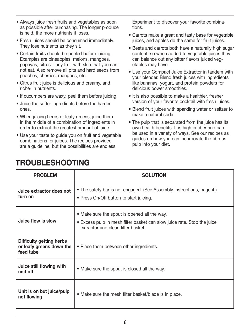 Troubleshooting | Cuisinart Compact Juice Extractor CJE-500 User Manual | Page 6 / 25