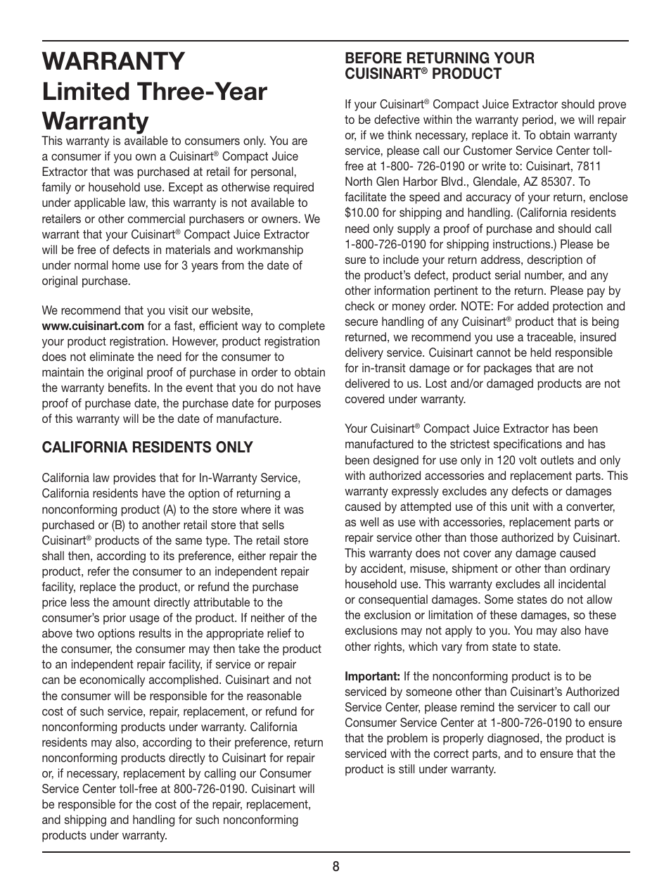 Warranty limited three-year warranty, California residents only, Before returning your cuisinart | Product | Cuisinart Compact Juice Extractor CJE-500 User Manual | Page 8 / 25