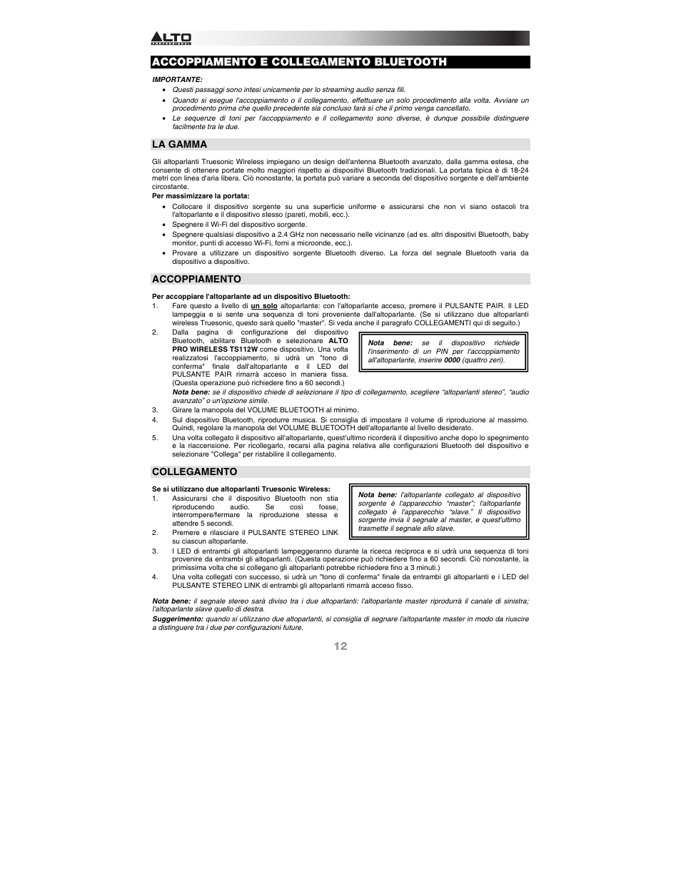 Accoppiamento e collegamento bluetooth, La gamma, Accoppiamento | Collegamento | Alto Professional TS115W User Manual | Page 12 / 20