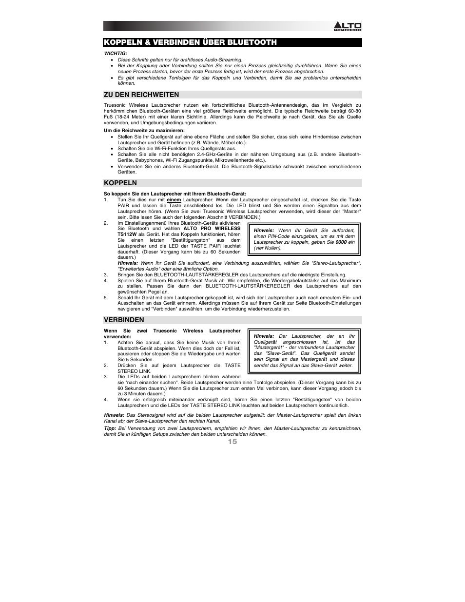 Koppeln & verbinden über bluetooth, Zu den reichweiten, Koppeln | Verbinden | Alto Professional TS115W User Manual | Page 15 / 20