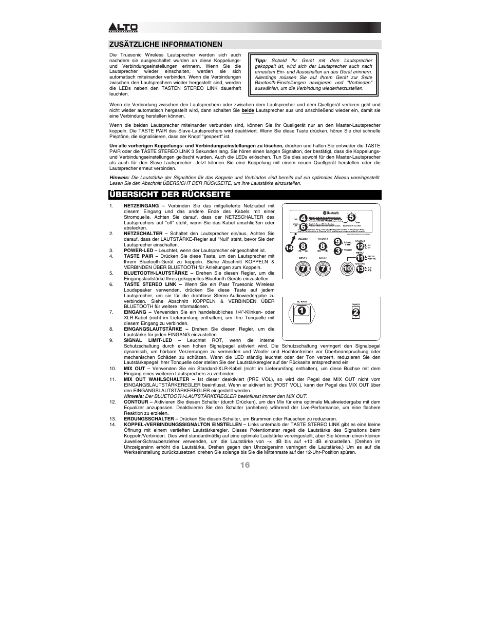 Übersicht der rückseite, Zusätzliche informationen | Alto Professional TS115W User Manual | Page 16 / 20